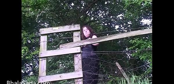 British babe gets nude outside